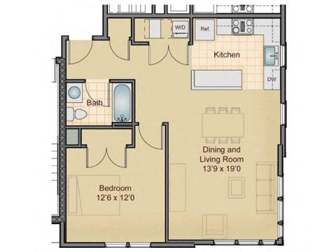 Floor plan for 1 bed, 1 bath, 743 sqft